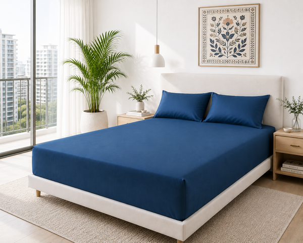 500Thread Count Cotton Bedsheet & 2 Pillow Cases (Dark Blue))