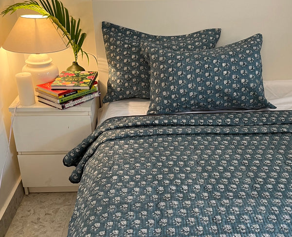 Quilted Handblock Bedspread (Greyish Blue )