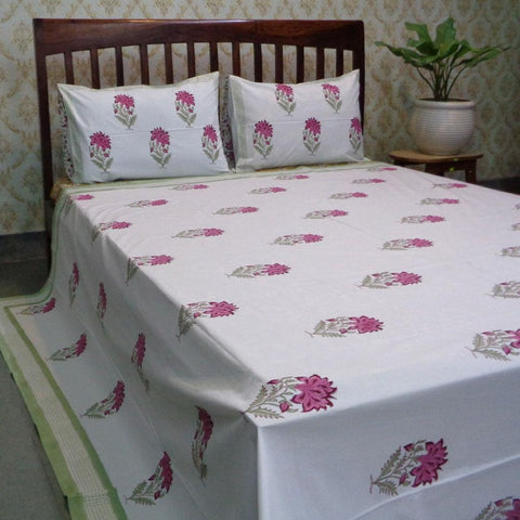 Handblock Percale Bedsheet (Pink,Green,White)