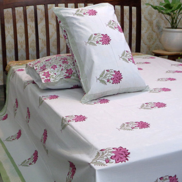 Handblock Percale Bedsheet (Pink,Green,White)